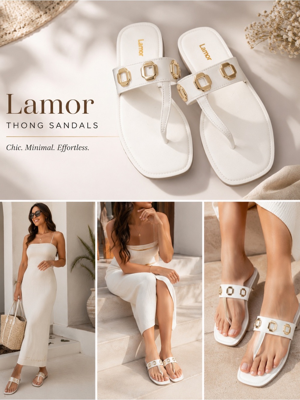 Lamor White Gold Accent Thong Sandals Size 8/9 Square Toe Slides